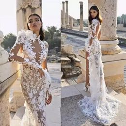 Suknia ślubna Arabia Mermaid 2023 Berta High Collar Side Illusion Illusion Lace Applique długie rękawie Pociąg Boho Bridal Suknia BC14341