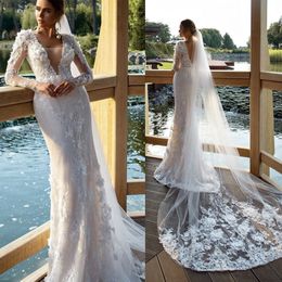 Modern 3D-Flower Mermaid Wedding Dresses Sexy Tulle Deep V-Neck Backless Bridal Gown Custom Made Brush Train Robes De Mariee