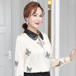 Women's Blouses Women Spring Autumn Silk Satin Shirt Long Sleeve Lapel Beaded Black Fashion Camisa Elegant Pullover Office Lady Work Top