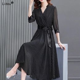 Casual Dresses Casual Lacing Strap Solid Color Dresses V-neck Women's Clothing Three Quarter Sleeve Loose Temperament Spring Summer Dot Pattern 230321