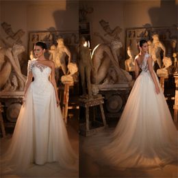 Glamorous Mermaid Wedding Dresses One Shoulder D Flower Applicants Long Sleeves Floor Length With Tulle Custom Made Plus Size Bridal Gown Vestidos De Novia