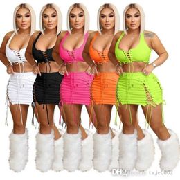 Two Piece Dress Set Summer Designer Women Sexy Sleeveless Hollowed Out Drawstring Crop Top And Skirt Suit