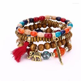 Charm Bracelets Wood Bracelet For Women Set 4Pcs/Lot Tassel&Elephant&feather Shape Bohemia Natural Beads Jewelry