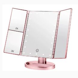 Infitrans 3 Folds Lighted makeup Vanity Compact Mirrors 2X/3X Magnification 22 LED Bright Table with Touch Screen 180 Adjustable Rotation Portable Travel use