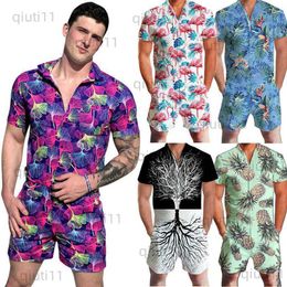 Men's Tracksuits New Men Hawaii Print Zipper Romper Playsuits Short Sleeve V Neck Fit Slim Jumpsuit Men Male Casual Jumpsuit Overalls Plus Size T230321