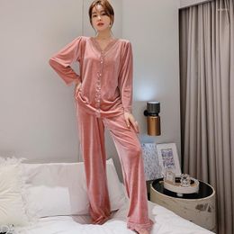 Women's Sleepwear Gold Velvet Pyjama Sets Women Nightwear V Neck Lace Shirt Pant Sleep Suit Home Clothes Long Sleeve Homewear 2Pcs