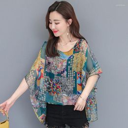 Women's Blouses Chiffon Blouse Short-sleeved Female 2023 Summer O Neck Flower Cover Belly Looks Thin Foreign