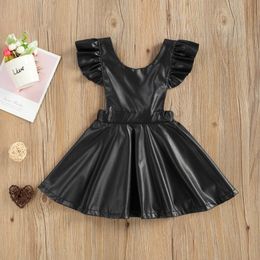 Girl's Dresses Toddler Baby Girl Black Overall Dress Soft Fabric Faux Leather Ruffle Sleeve Backless Suspender Skirt Comfortable Sweet Casual