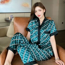 Womens Sleepwear M-5xl Large Size Luxury Stain Pajamas Set Women Summer v Neck Letter Print Satin for Woman with Pants Home Suit Clothe 230321