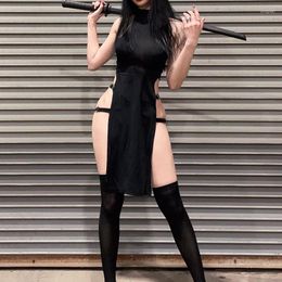 Casual Dresses Harajuku Summer Night Clubwear Cosplay High Split Side Sexy Sleeveless Gothic Waist Y2k Slim Women Dress