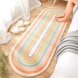 Carpet Oval Long Bedside Rainbow Striped Rug Soft Nonslip Living Room Floor Mat Bedroom Area Thick Furry Tapis 230321