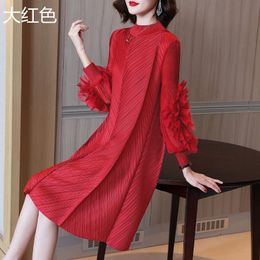 Casual Dresses Miyake Woman Pleated Midi Dress Ruffles Mesh Long Sleeve Half Turtleneck Vintage Style Elegant Long luxury evening dresses 230321