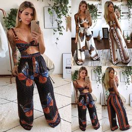 Women's Tracksuits 2021 Summer New Fashion Sexy Print Deep V Neck Spaghetti Strap Sleeveless Backless Crop Tops Lace Up Wide Leg Pants Lady P230307