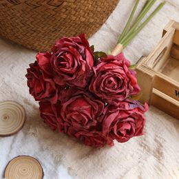Decorative Flowers Simulation Red Dry Burning Rose Bouquet Artificial Fake Wedding Pography Props Home Flower Arrangement Decoration