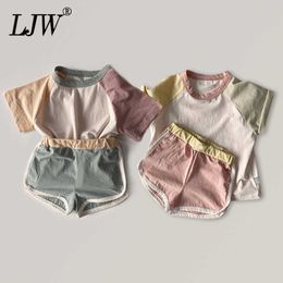 Clothing Sets Infant children's suits baby clothes boys contrast color shoulder shortsleeved Tshirt girls baby simple casual shorts suit Z0321