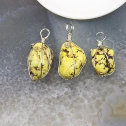 Pendant Necklaces 1pcs Irregular Natural Stone Yellow Turquoise Nugget Silvery Wire Wrapped Quartz Necklace DIY Jewelry Making Accessories