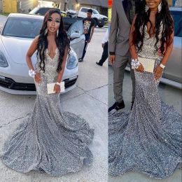2023 Sier Grey Prom Dresses Sparkly Sequins Beaded Feather Cutaway Waist Illusion Pleats Custom Made Evening Gown Formal Ocn Wear Vestidos Plus Size 403 403