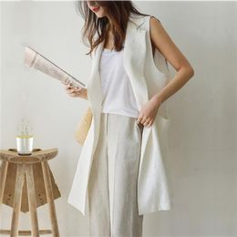 Women's Suits & Blazers Women Linen Long Blazer Coats Autumn Spring Sleeveless Suit Waistcoat 2023 Single-breasted Loose Simple Vest Jacket