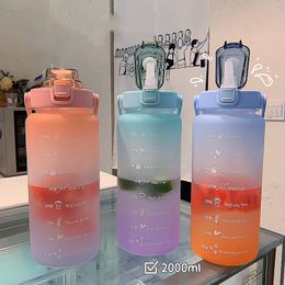 Water Bottles 2L Straw Cup Time Scale Couple Large Capacity Student Fitness Outdoor Sports Portable Travel 230320