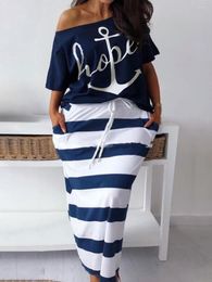 Tracksuits Plus Size Two Piece Striped Skirt Set Anchor Print Fashion Casual Oblique Bateau Collar Summer Tops Bottoms Matching Outfits