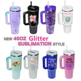 40oz Sublimation Glitter Tumbler with Handle Stainless Steel big capacity Beer Mug Insulated Travel Mug Travel Coffee Mug Rainbow Shimmer Tumbler for DIY