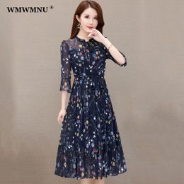 Casual Dresses Casual Loose Chiffon Floral Dress Women Summer Elegant Three Quarter Sleeve Midi Dresses Plus Size Fashion Korean A-Line Dress 230321