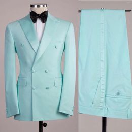 Men's Suits Light Blue Double Breasted Men Satin Lapel Groom Tuxedos Terno Masculino Sim Fit Prom Blazer For Man 2 Pieces Jacket Pant