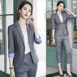Women's Two Piece Pants Ladies Grey Blazer Women Business Suits Pant And Jackets Sets Pantsuits Work Wear Office Uniform Styles