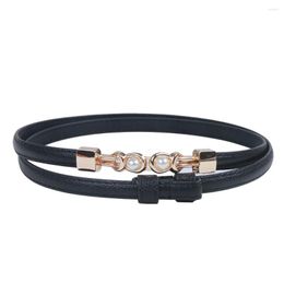 Belts High Quality PU Leather Women's Alloy Pearl Buckle Fashion Dress Skinny Thin Female Belt Adjustable No Punching Lady