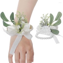 Decorative Flowers E8BD Outdoor Wedding Artificial Rose Wrist Corsage Wristlet Boutonniere With Greenery Leaves Party Prom Bracelet Brooch