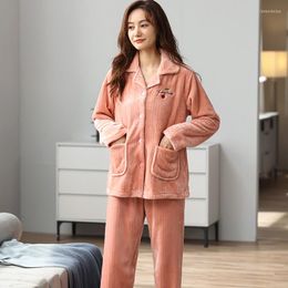Women's Sleepwear Est M-4XL Women Pyjamas Set Flannel Long Sleeve Turn-down Collar Cardigan Coral Fleece Pyjama
