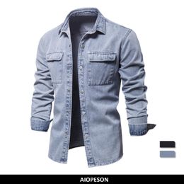 Men's Casual Shirts AIOPESON 100% Cotton Denim Shirts Men Casual Solid Colour Thick Long Sleeve Shirt for Men Spring High Quality Jeans Male Shirt 230321