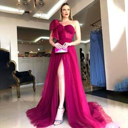 Party Dresses Fuchsia One Shoulder Tulle Sleeve Prom Dress Side Split Sexy Evening Gown Sweetheart Sweep Train Celebrity Gathering Robe