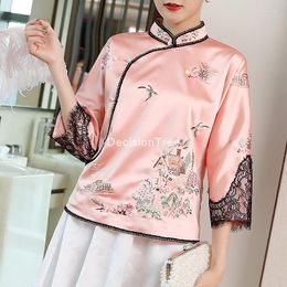 Ethnic Clothing 2023 Stand Collar Vintage Women Cheongsam Top Traditional Chinese Floral Embroidery Qipao Tops Lace Sleeve Shirts