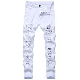 Men's Jeans Straight Hole Destruction Trousers Distressed Jeans Men Denim Trousers Fashion Designer Brand White Pants Male Large Size 230321