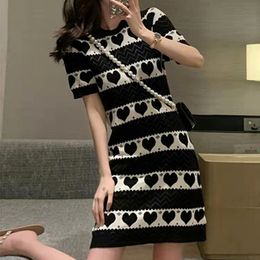 Casual Dresses Summer Fashion Striped Sweater Dress for Women Knitting Cotton Above Knee A-LINE Slim Black Short Sleeve Dresses Ladies 230321