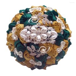 Wedding Flowers WifeLai-A Golden With Emerald Green Artificial Rose Bride Bouquet Diamond Ribbon Decoration W2913