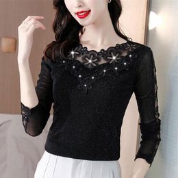 Women's T Shirts Fashion Lace T-shirt Spring Autumn All-match Women's Diamonds Embroidery Elegant Hollow Out Straight Solid Color