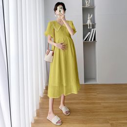 Maternity Dresses French Vintage Chiffon Summer Clothes For Pregnant Women Solid Turn Collar Puff Sleeve Cute Pregnancy Vestidos 230320