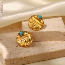 Hoop Earrings Uworld Vintage Oval Shape Blue Turquoise Inlaid Stud Earring Waterproof Stainless Steel 18k Gold Plated Statement