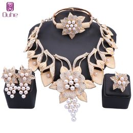 Wedding Women's Crystal Dubai Gold Color Imitation Pearl Necklace Earrings Bangle Ring Party Accessories Jewelry Set