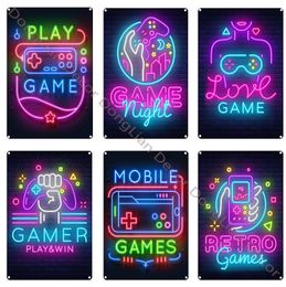 Video Game Metal Painting Tin Sign Play and Win Neon Decorative Plaque Game Console Wall Sticker Modern Iron Plate Home Decor Gamer Room 30X20cm W03