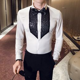 QNPQYX New White Black Tuxedo Shirt Men Sequins Patch Solid Long Sleeve Dress Slim Fit Shirts Stage Wedding Prom Gentleman Blouse Male