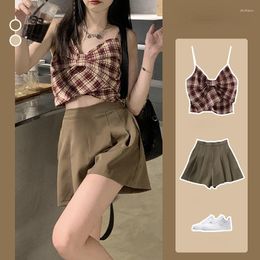 Work Dresses Set Female 2023 Summer Plaid Bow Sling Undershirt Suit Wide Leg Pants High Waist Pleated Skirt