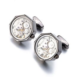 Cuff Links Functional Watch Movement Cufflinks With Glass Stainless Steel Steampunk Gear Watch Mechanism Cufflinks for Mens Relojes gemelos 230320