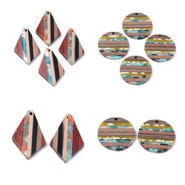 Charms 20Pcs Colourful Resin Wood Pendants Geometric Rhombus Round Charm For Necklace Earring Dangles DIY Jewellery Making Supplies 230320