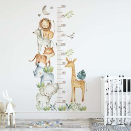 Wall Stickers Watercolor Africa Animals Elephant Giraffe Tropical Leaves Height Growth Chart Ruller Nursery Decals PVC 230321