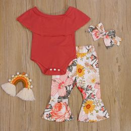 Clothing Sets Baby Girls Threepiece Clothes Set Boat Neck Short Sleeve Romper Floral Printed Pattern Flared Pants and Headdress Summer Z0321