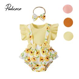 Clothing Sets Toddler Baby Sunflower Printing Threepieces Set Infant Girl Oneck Flying Sleeve Tops Suspender Shorts Headband Set Summer Z0321