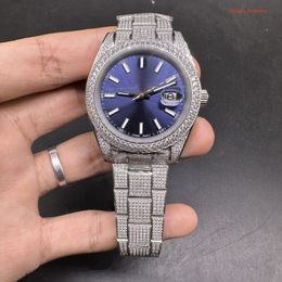 Silver Diamond Men's Watch Blue Large Dial HandInlaid Diamond Stainless Steel Watches Top Automatic Mechanical Watch